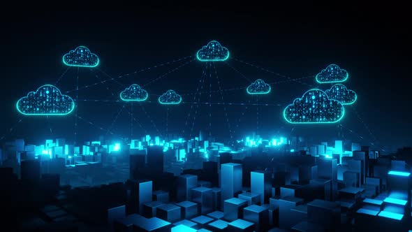 Massive data transmission through Cloud Computing. wire data connection network in city. alt