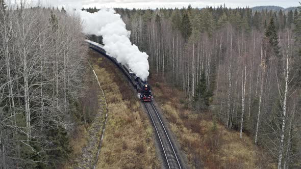 Old steam train running on the tracks in the forest.Drone view