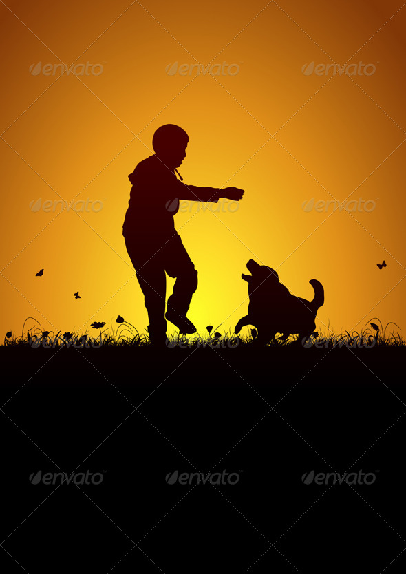 Kid Playing with Dog - People Characters
