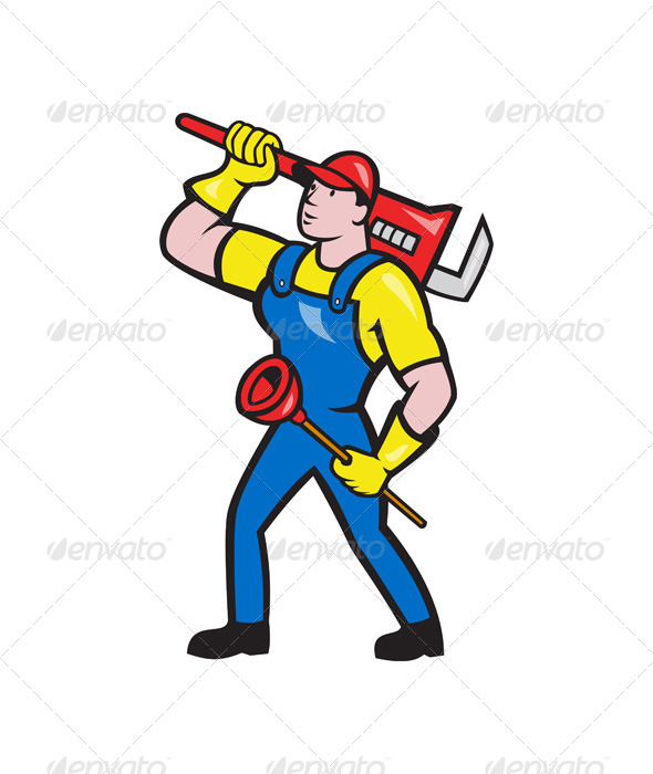 Plumber Carrying Wrench Plunger Cartoon - People Characters