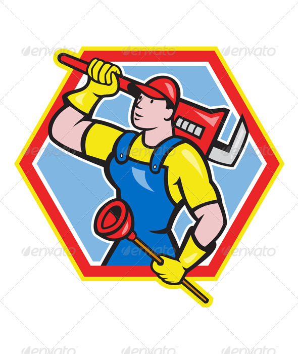 Plumber Holding Plunger Wrench Cartoon - People Characters