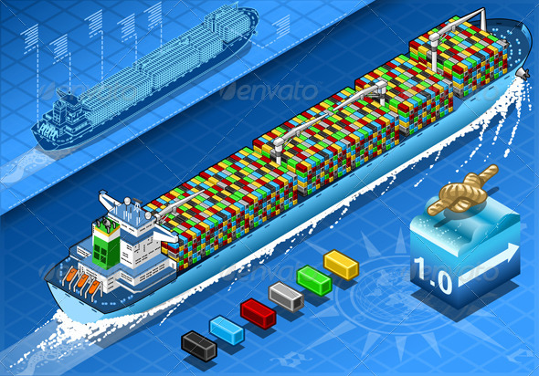 Isometric Cargo Ship with Containers in Navigation - Objects Vectors
