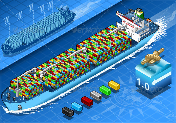 Isometric Cargo Ship with Containers in Navigation - Objects Vectors