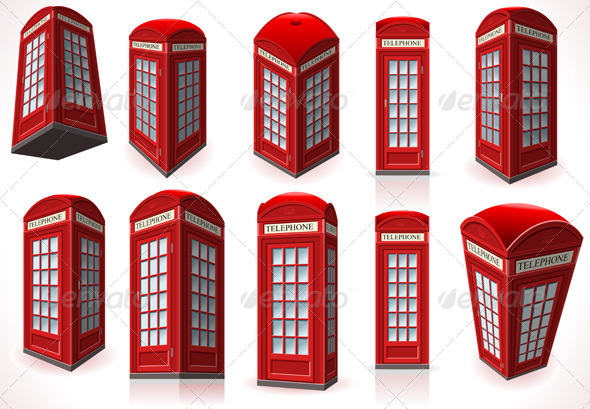 Set of English Red Telephone Cabins - Objects Vectors