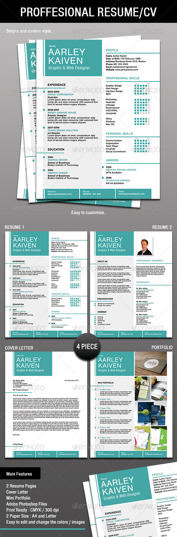 4 Piece Proffesional Resume / CV - Resumes Stationery