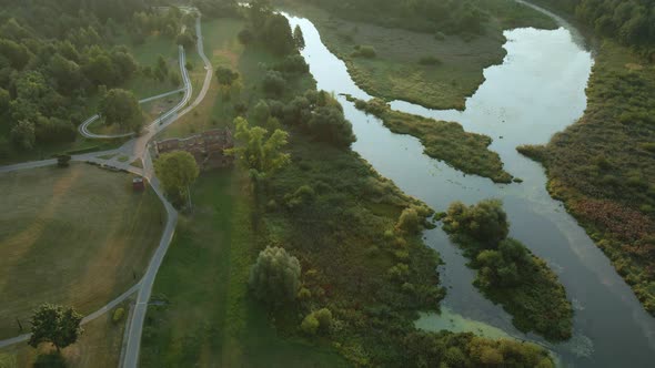 Winding River In The City Park. City Park At Dawn. Aerial Photography