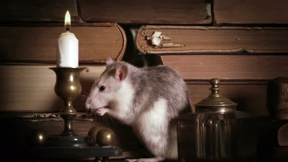 Cute Gray Rat Washes Among Old Books on The Table