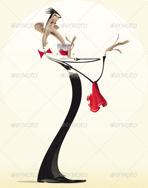 Funny waiter with red wine. - People Characters