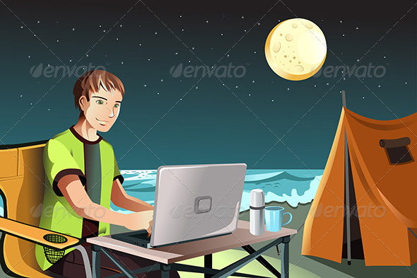 Man Camping using Laptop - People Characters