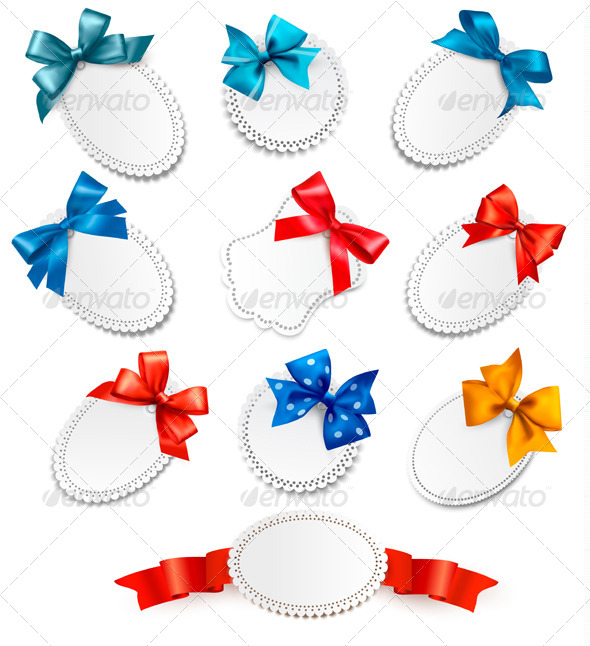 Set of Cards with Red Gift Bows with Ribbon - Christmas Seasons/Holidays