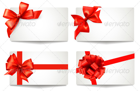 Set of Gift Cards with Red Gift Bows - Christmas Seasons/Holidays