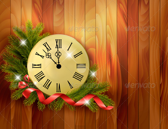 Holiday Background with Tree Branches and Clock - Christmas Seasons/Holidays
