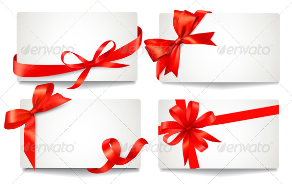 Set of Gift Cards with Red Gift Bows. - Christmas Seasons/Holidays