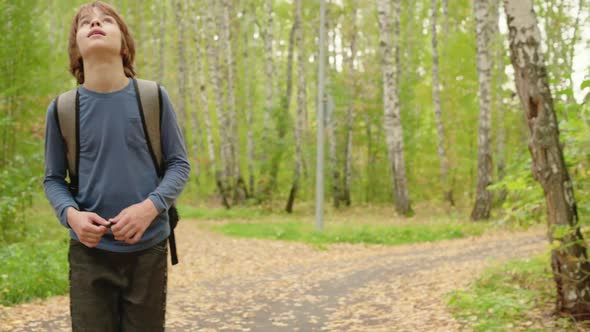 Boy Teenager with Backpack Walking on Autumn Park on Green Trees Background alt