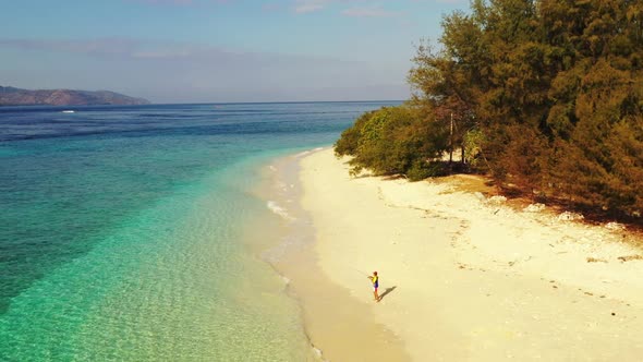 Aerial drone scenery of perfect bay beach adventure by blue water with white sandy background of a d alt