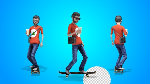 Hipster Beard Man Riding Skateboard (3-Pack)