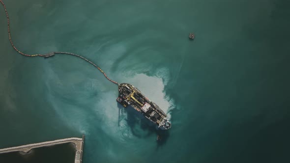 Static aerial hyperlapse of sand dredger ship that is moving sand in the sea. alt
