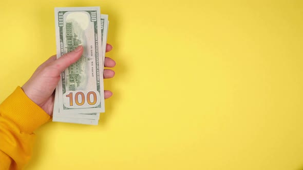 The hand of a young woman holds a lot of dollar bills on a bright yellow background copy space