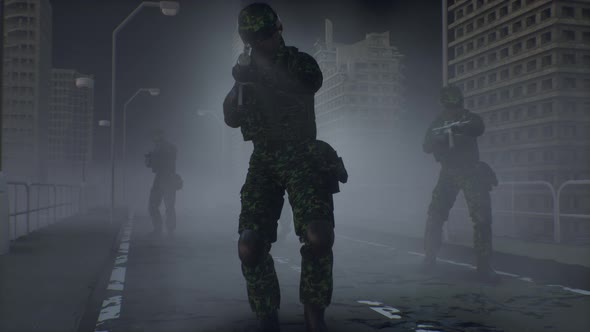 Soldiers in camouflage walk in the fog at night through the ruined city and shoot.