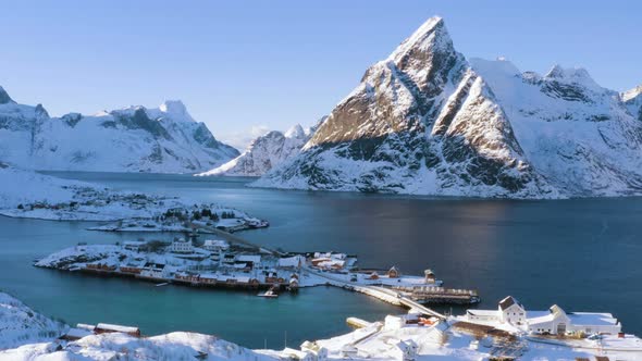 Lofoten Islands Mountains Sunrise Aerial Panorama alt
