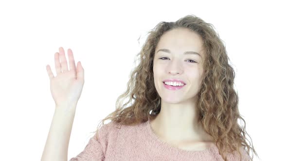 Hi, Hello,  Woman Waving Hand, Welcome , Portrait On White Background alt