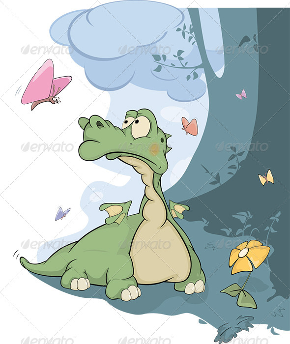 Little Dragon and Butterflies Cartoon - Monsters Characters
