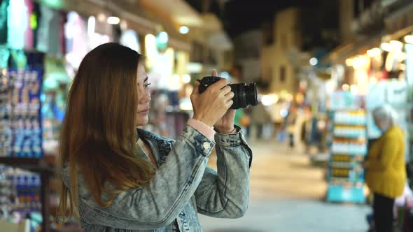 Female Tourist Photographer Woman Take Photos of Athens Streets with Camera