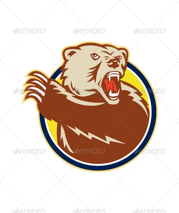 Grizzly Bear Swiping Paw Retro - Animals Characters