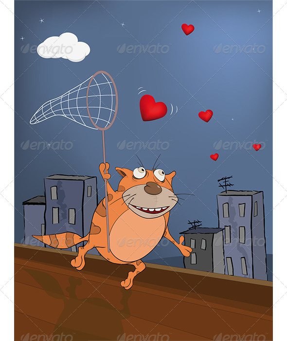 Cat and Hearts Cartoon - Valentines Seasons/Holidays