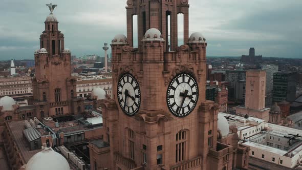 Aerial Close Up of the Tower of the Royal Liver Building in Liverpool alt