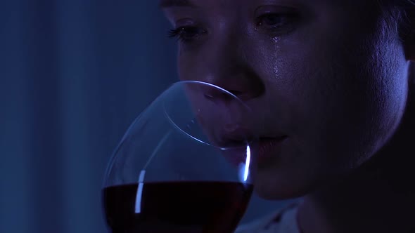 Hopeless Lonely Woman Crying and Drinking Red Wine After Break-Up, Depression alt