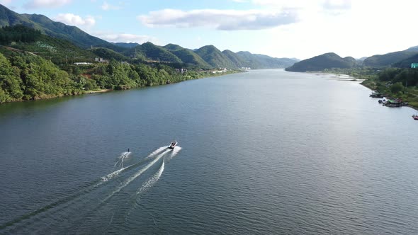 Aerial Drone View Han River And Water Skiing alt