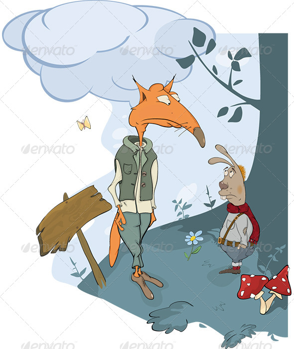 Foxes and a Rabbit Meet in Woods - Cartoon - Animals Characters