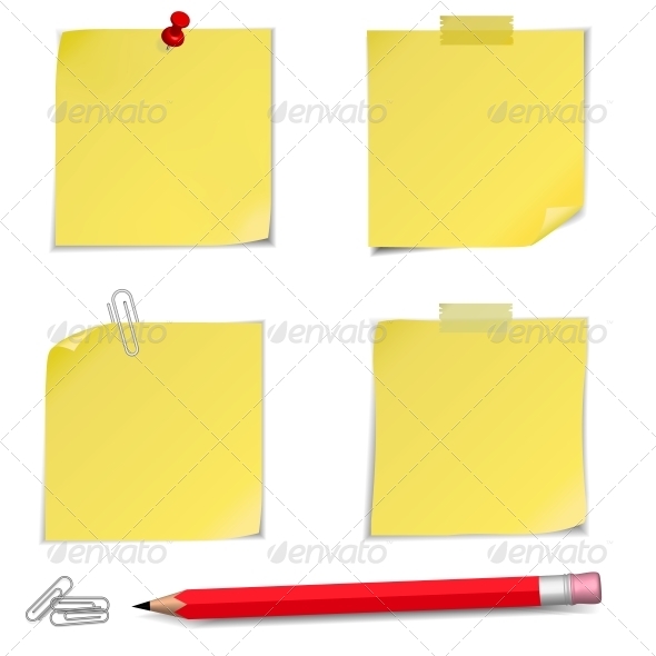 Adhesive Notes with Pin and Red Pencil - Man-made Objects Objects