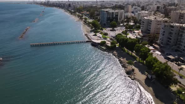 Embankment of Limassol in Cyprus. Modern architecture and old town. Skyscrapers.