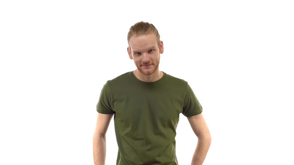 Slow Motion Cute Redhead Hipster Man Look Down Thoughtful Rase Eyes Camera Smiling Looking Confident alt