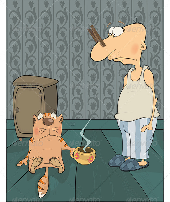 The Man Cat and a Night Pot Cartoon - People Characters