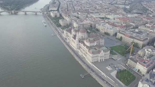 Aerial view of Parliament palace of Budapest on Danube riverside,  Hungary