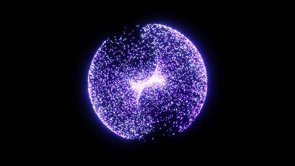 Energy sphere. Particles glowing violet color on dark background.