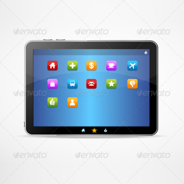 Black Tablet on White Background and Icons - Communications Technology