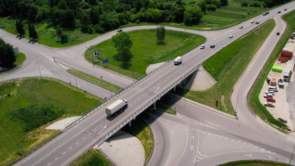 Aerial Drone View of Highway Multilevel Junction Road with Moving Cars