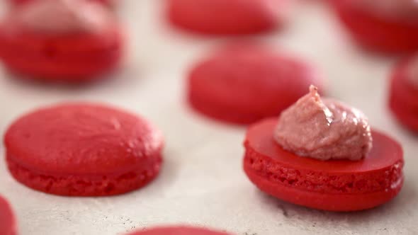 Closeup View of Many Rows of Red Opened Halves with Filling Macarons Macaroon on White Background alt