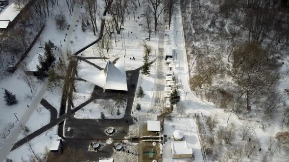 Aerial view on winter snowy Kharkiv water spring