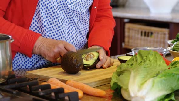 Senior woman chopping vegetable in kitchen at home 4k alt