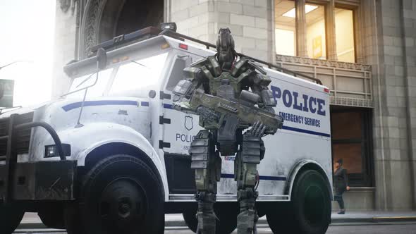 A Robot Soldier Guards A Police Car