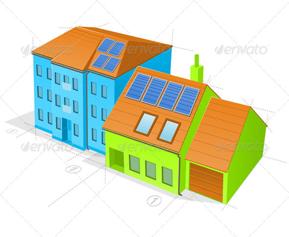 Blue and Green Buildings - Buildings Objects