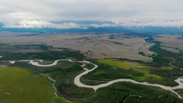 Aerial Video Over River Chuya in the Kurai Steppe