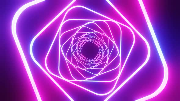 Abstract Rotating Blue and purple neon lights cubes hi-tech motion background