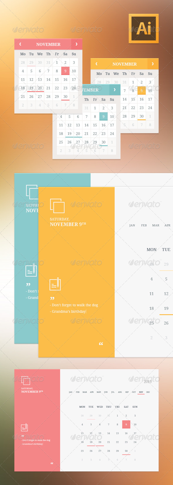 Flat Style Calendar Widgets - User Interfaces Web Elements