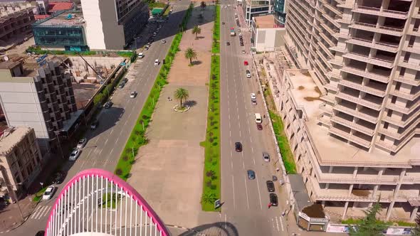 aerial of urban architecture against background of sea. Batumi in Georgia alt